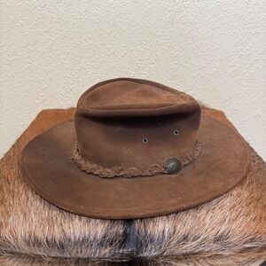 Henschel Hat Co USA Large Leather Cowboy Hat Western Style Brown Concho‎ Braided